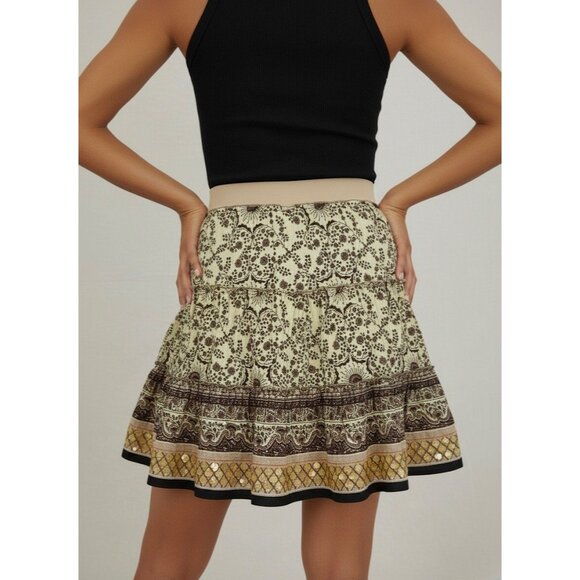 Vtg Y2K Free People Boho Paisley Sequin Tiered Mini Skirt • Skater Grunge Fairy - Picture 10 of 16
